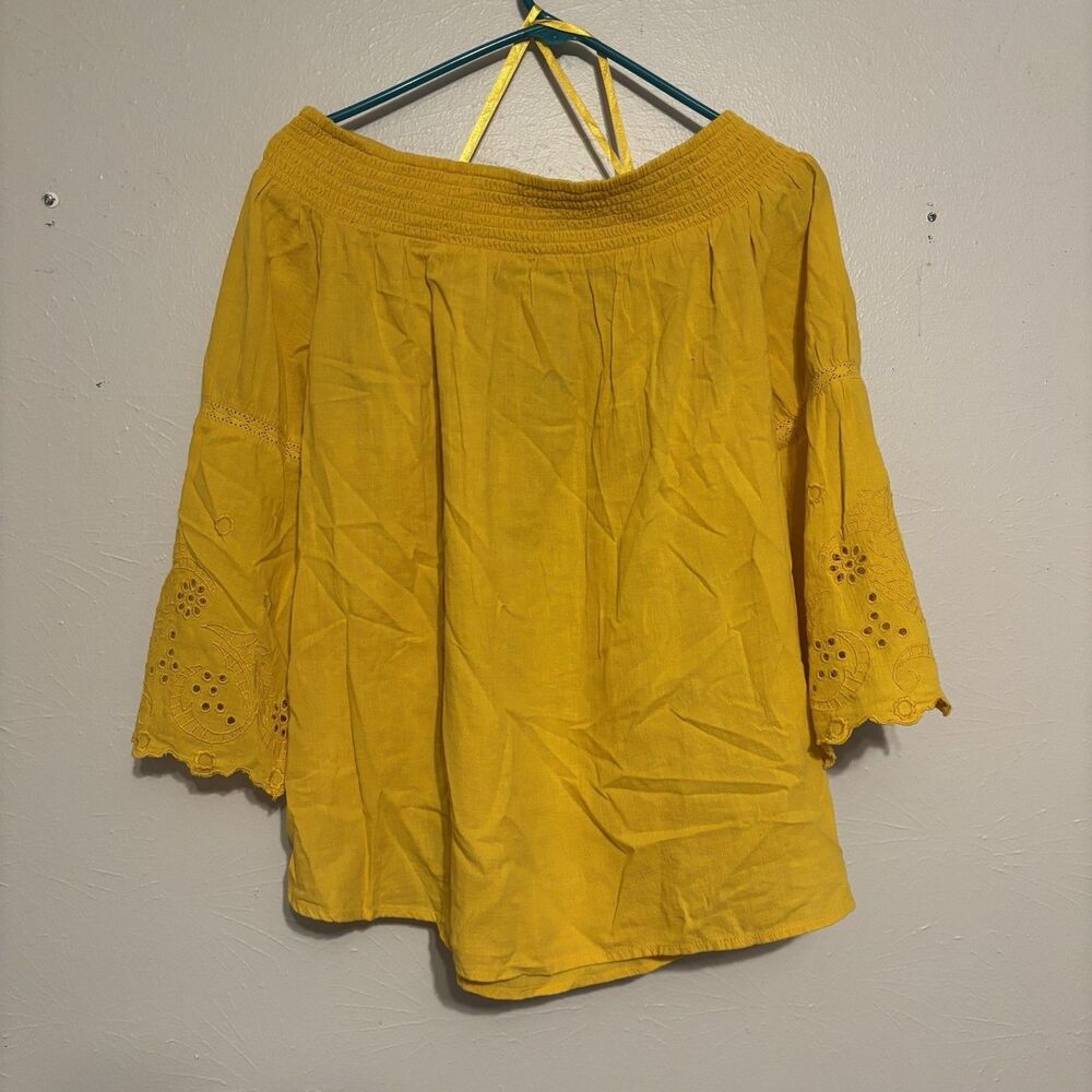 Lane Bryant Womens 14/16 XL Off Shoulder Yellow Blouse Floral Embroider Cut Outs